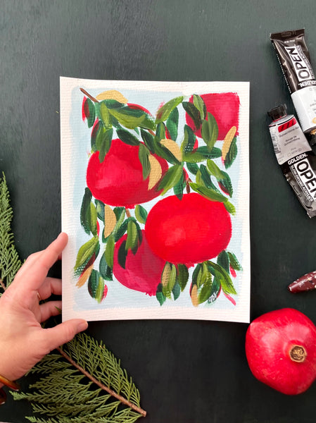 Beautiful and colorful acrylic painting on paper.  Bright reds pomegranates with shades of green and gold leaves.