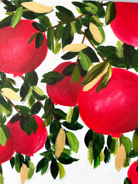 Beautiful and colorful acrylic painting on canvas.  Bright reds pomegranates with shades of green and gold leaves.